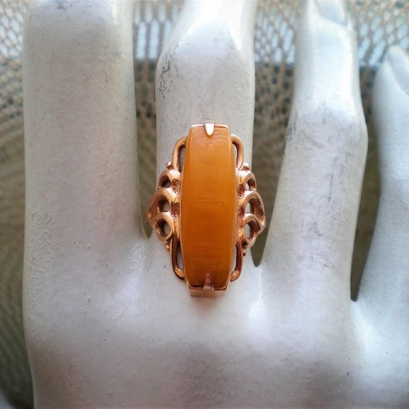 Russian 14K 583 Rose Pink Gold Baltic Butterscotch Egg Yolk Amber Cocktail RING - Picture 3 of 10